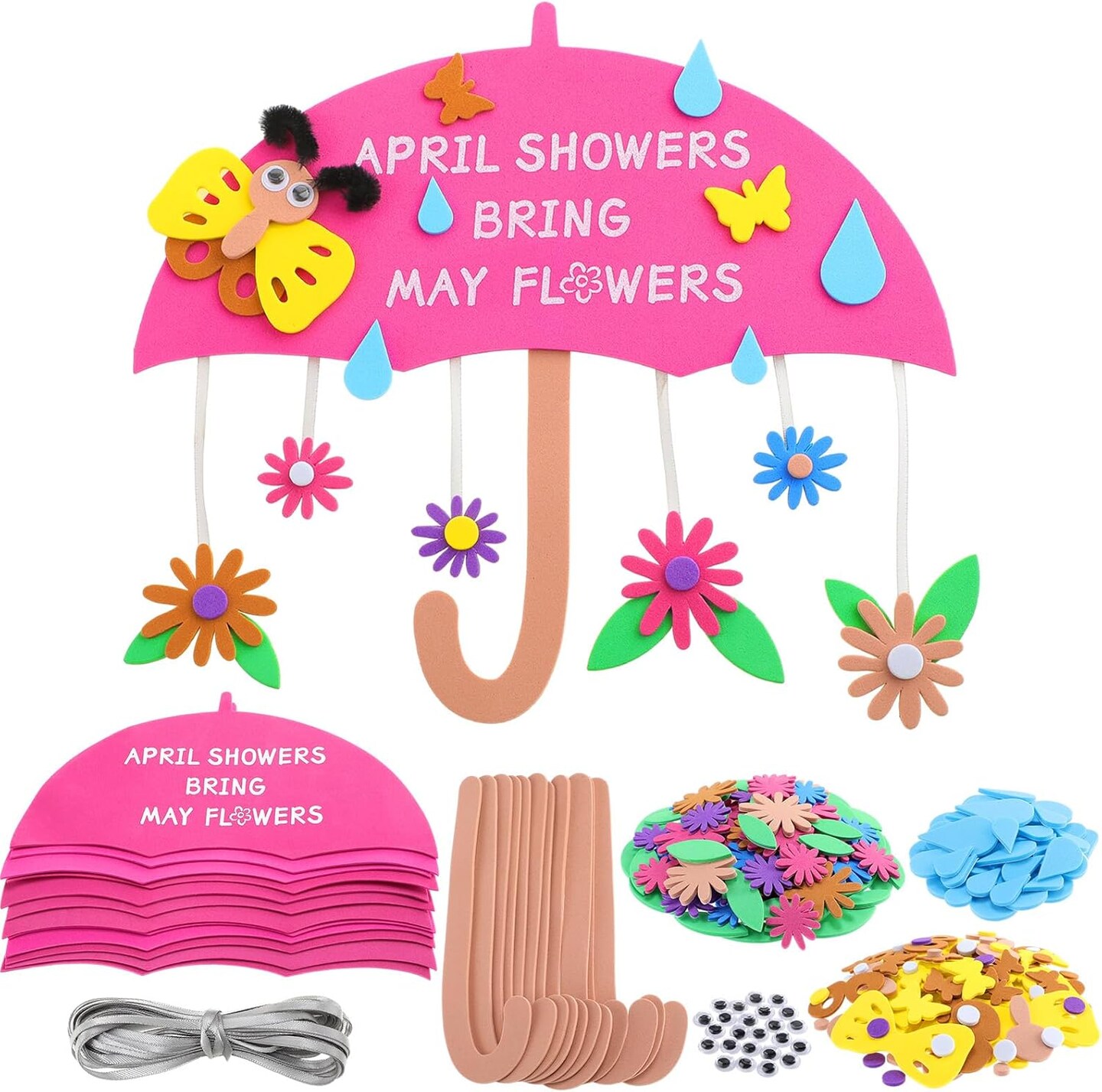 12 Set Spring April Showers Bring May Flowers Craft April Showers Sign Craft Kit Spring Rain Sign DIY Arts Spring Foam Stickers for Kids Boys Girls Party Favor