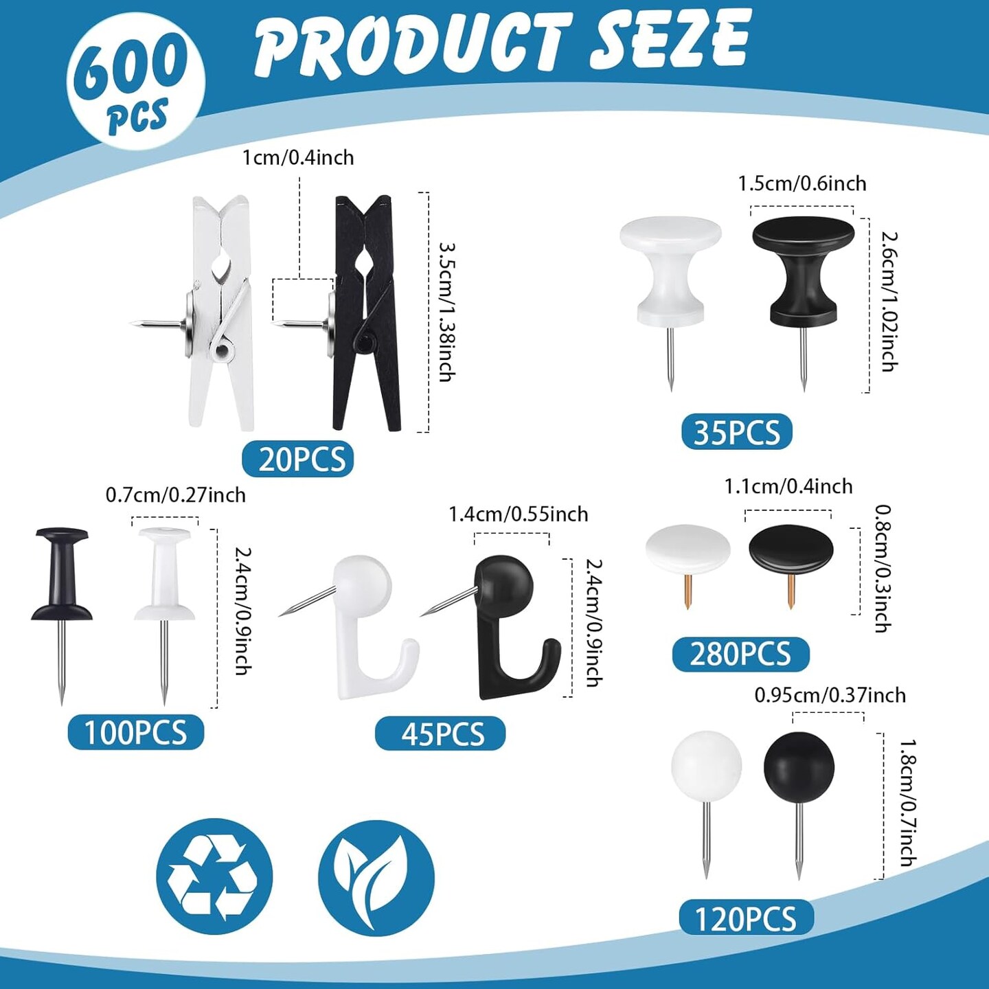 600 pcs decorative push pins black and white thumbtacks 6 types for cork boards bulletin boards and classroom decor