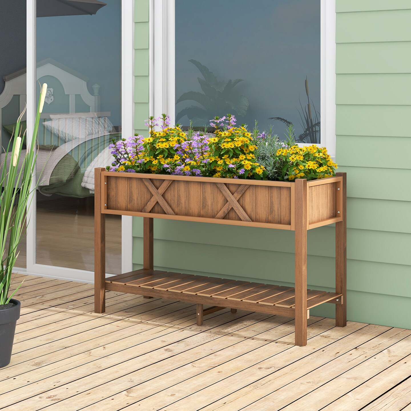 HIPS Raised Planter Box with Bottom Shelf and Drainage System