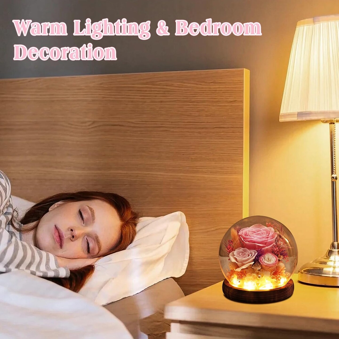 Gifts for Women Mom Grandma, Preserved Flowers Roses in Glass Dome with LED Light, Mother Day Birthday Valentine Gifts (Pink)
