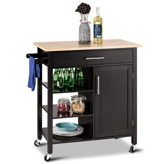 Brown and Natural Wood Kitchen Trolley Cart with Storage and Lockable Wheels