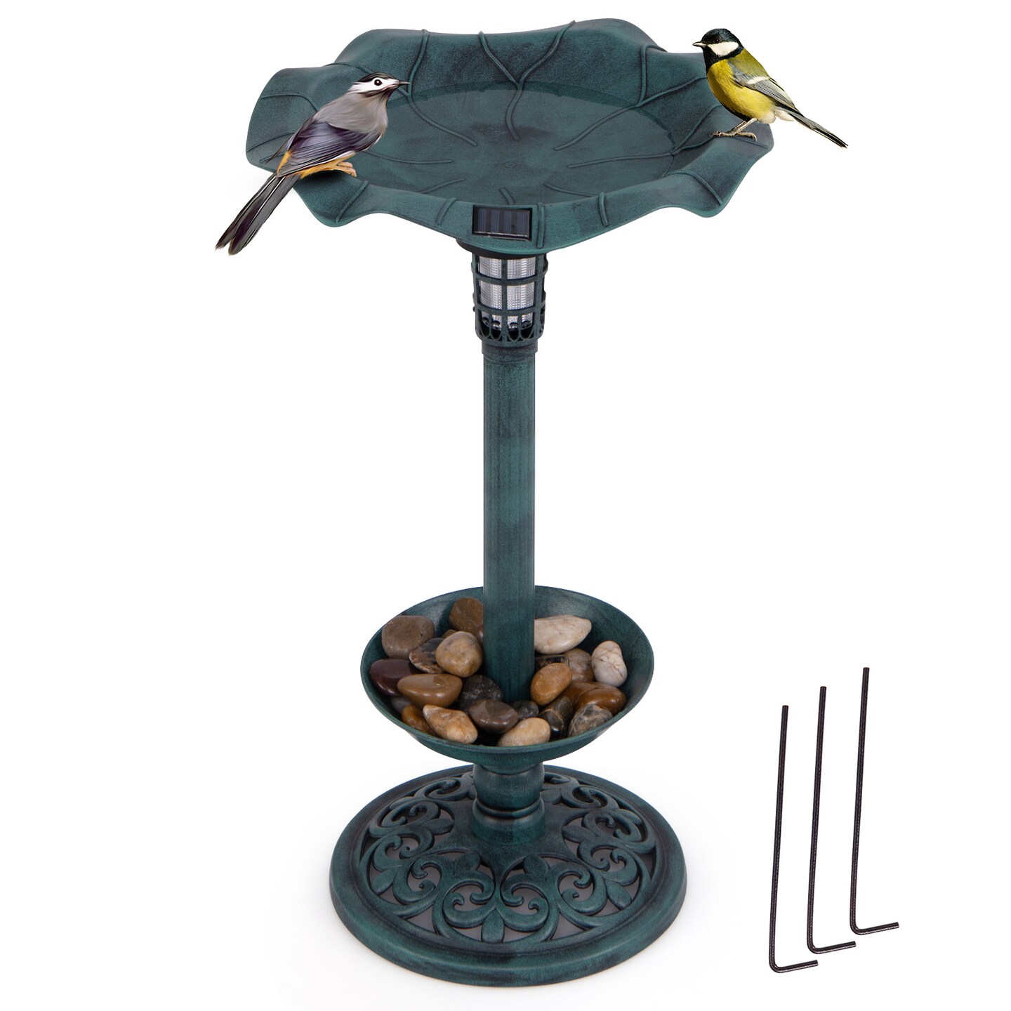 Solar Bird Bath with Lotus Leaf Bowl, Planter and Weatherproof Lamp