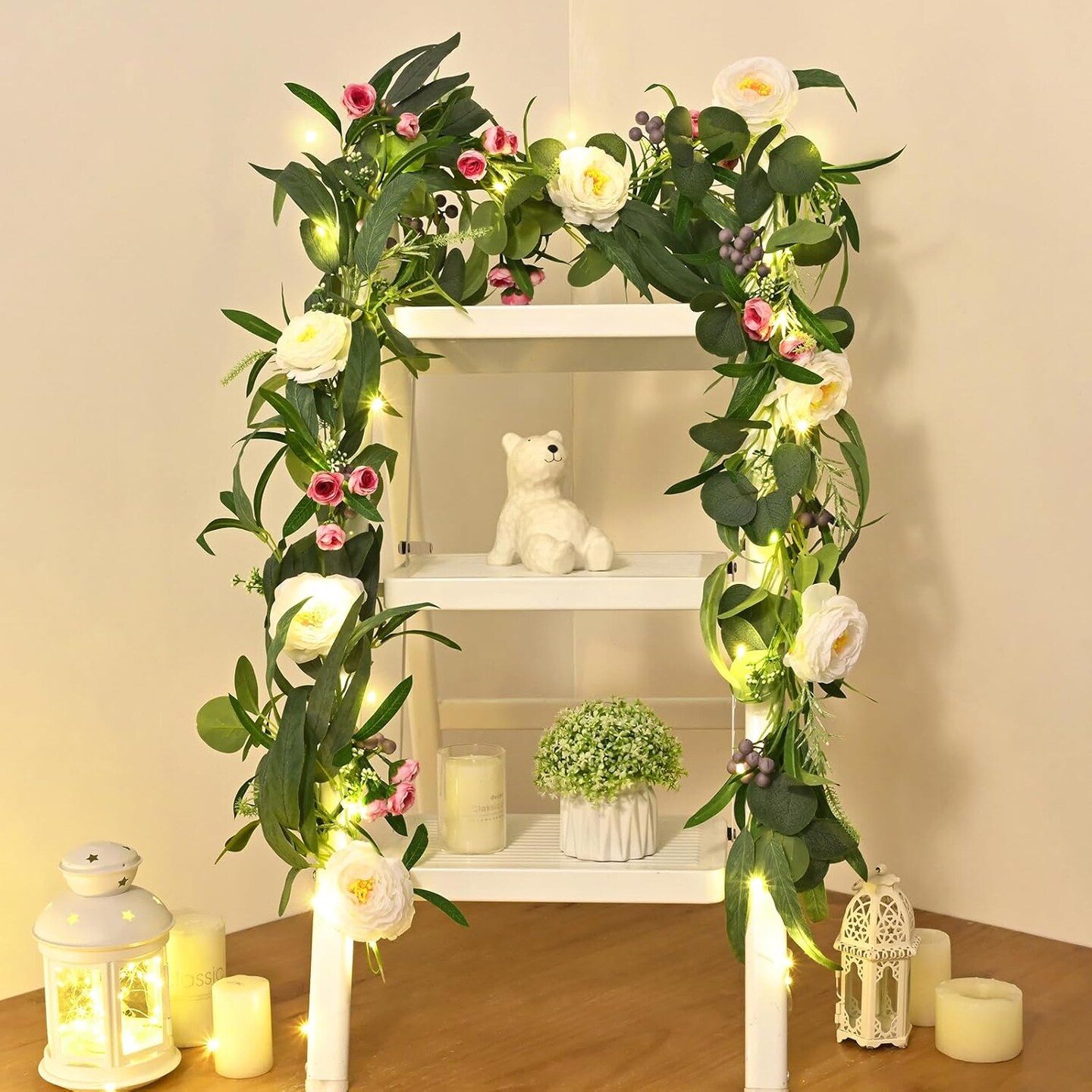 Flower Garland with Lights, Greenery Floral Garland with Camellia Rose Buds Fake Flowers for Wedding Arch Party Tables Mantle Backdrop Room Decor