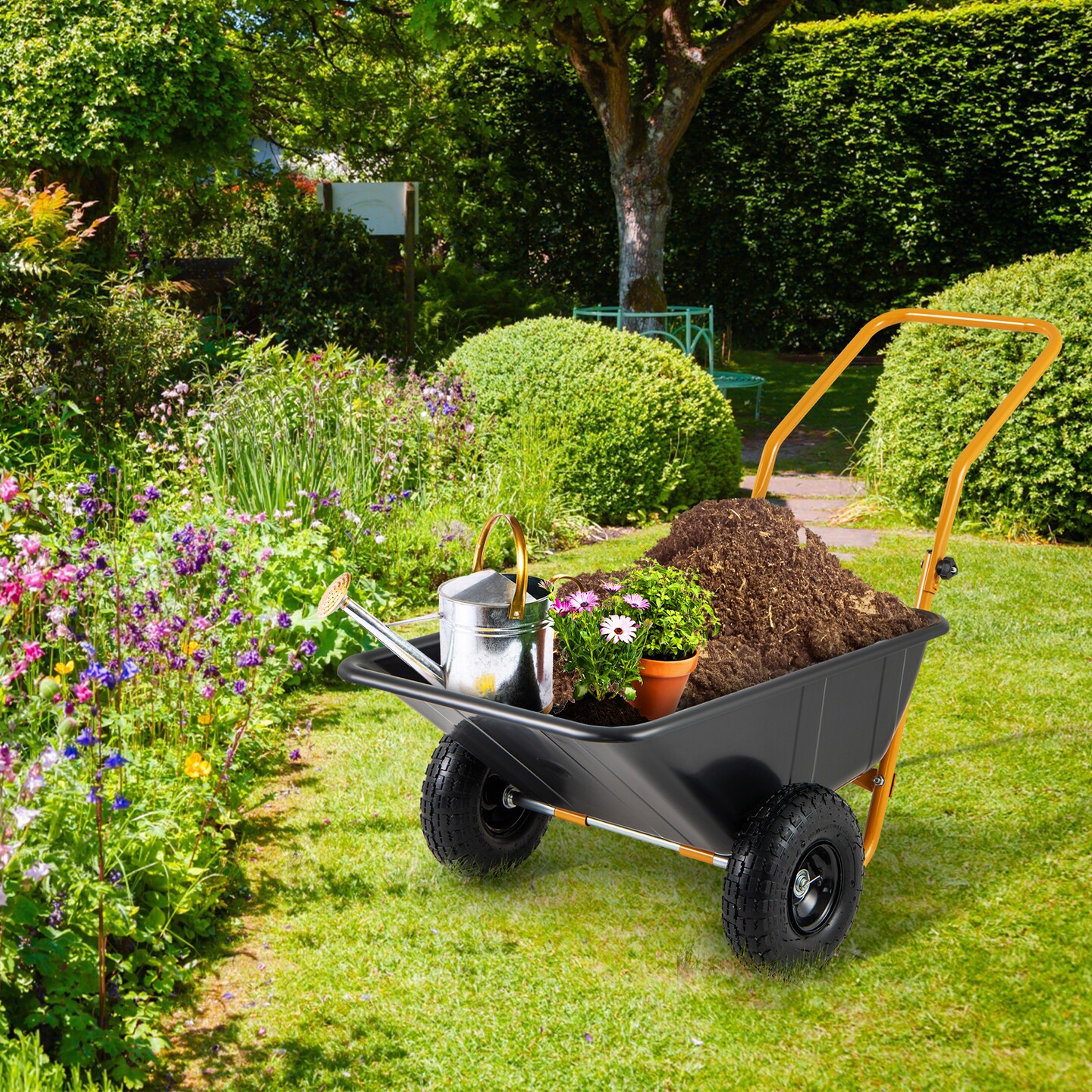 Folding Garden Cart with Dual-Wheel Wheelbarrow and 330lbs Capacity
