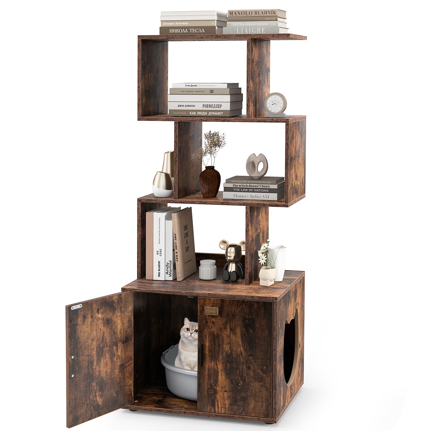 MDF Metal Cat Cabinet with Shelves and Litter Box Enclosure