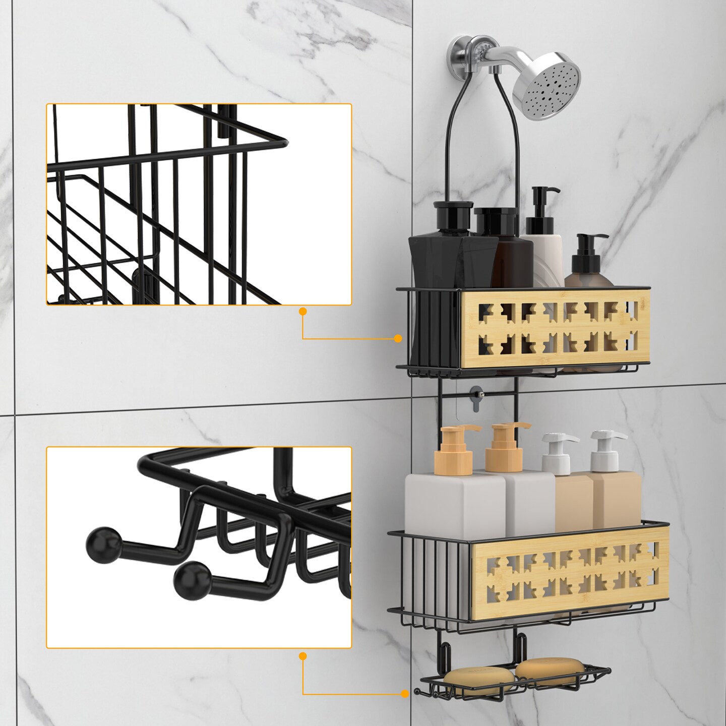 3-Tier Hanging Shower Caddy Over Shower Head – Rustproof Bathroom Organizer with Soap Holder, Bamboo Board & Hooks, No-Drill Installation (28.7"H, 40 lb Capacity)