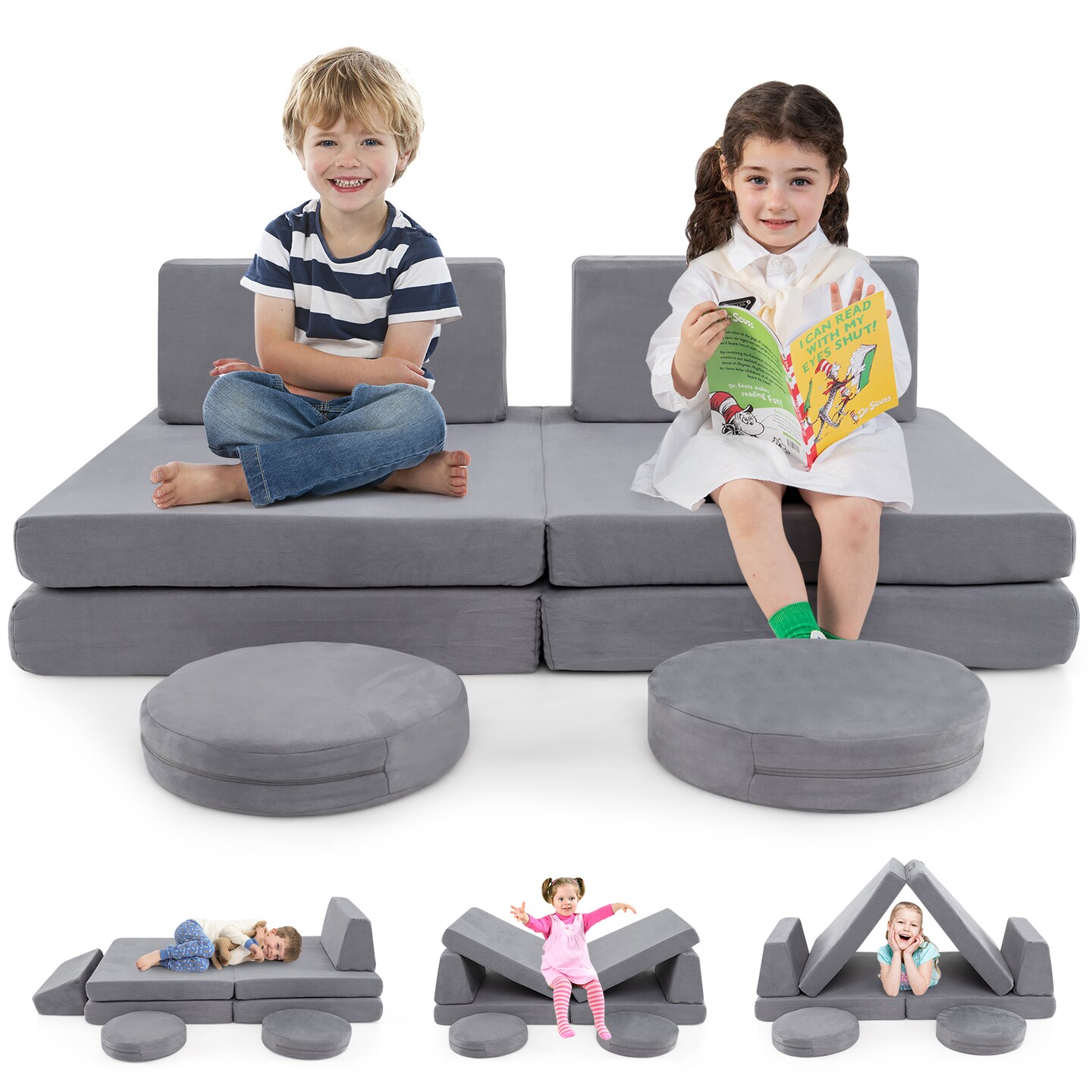 Grey 6 Pieces Modular Kids Play Couch Set with Velvet Covers Perfect Gift for Creative Kids