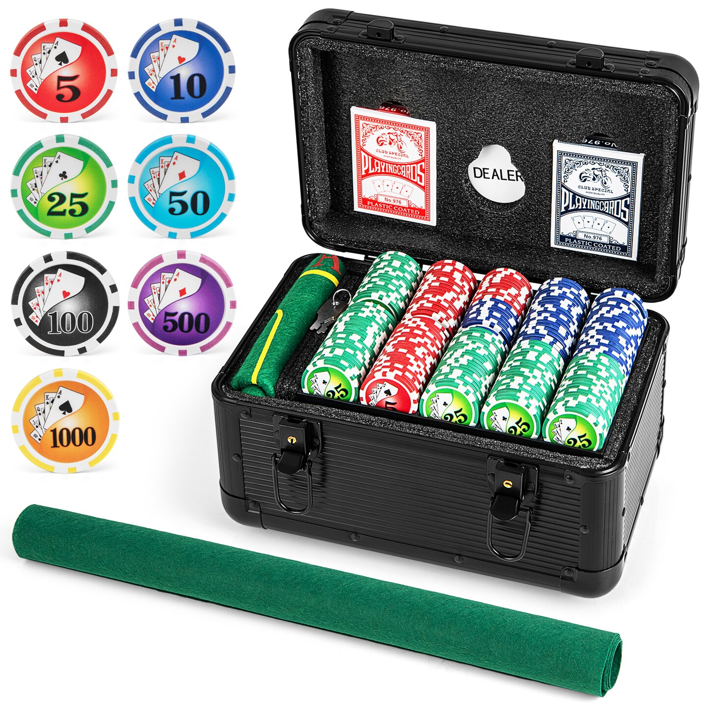 Black Aluminum Poker Chip Set with 600 Chips, Cards, Felt and Carrying Case