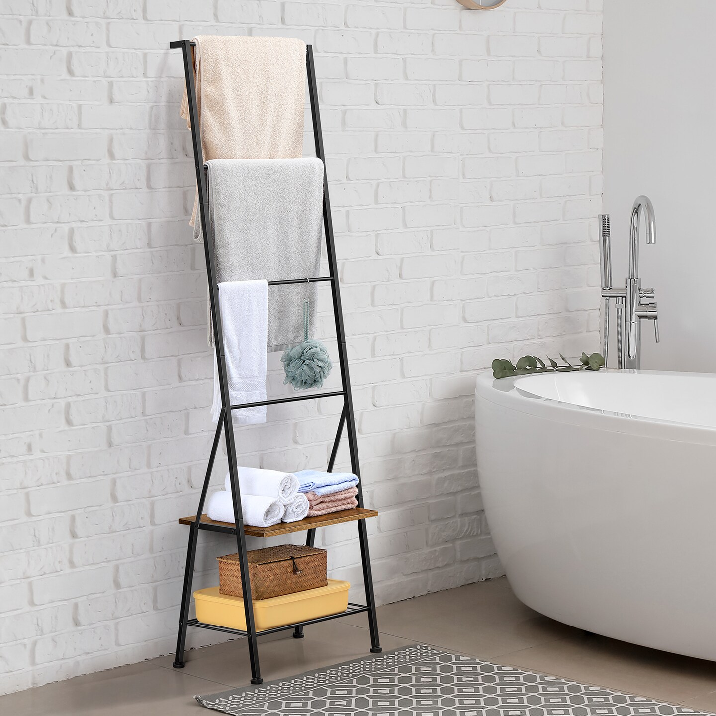 Metal Blanket Ladder with Shelf & Hooks - Multi-Use Christmas Stocking Holder, Towel Rack, and Storage Ladder for Bathroom, Bedroom, Mantle, Laundry Room