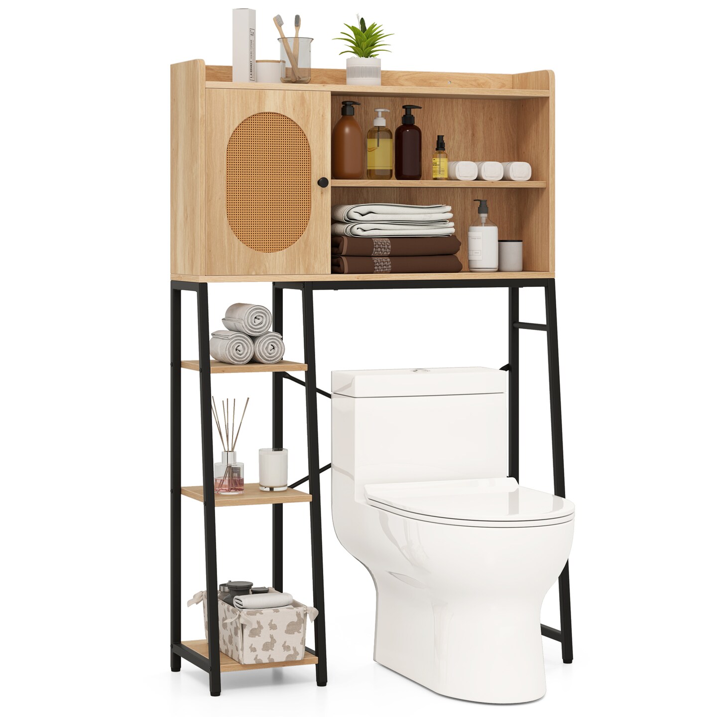Natural PE Rattan and Engineered Wood Toilet Rack with Adjustable Shelves