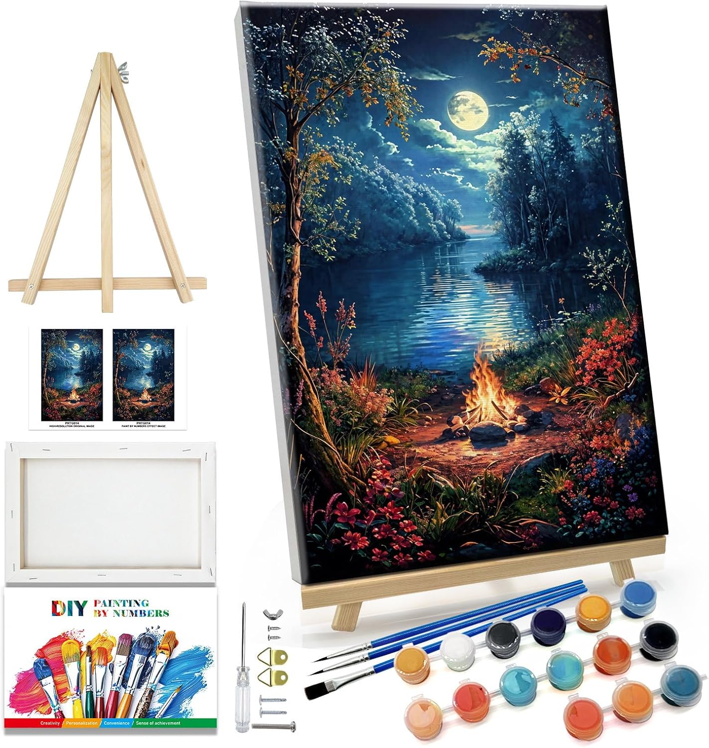 Landscape Paint by Numbers Kit for Adults Beginner with Easel Moon Paint by Number on Canvas with Frame DIY Acrylic Painting for Ideal Gift Home Wall Decor 7.87x11.81 Inch