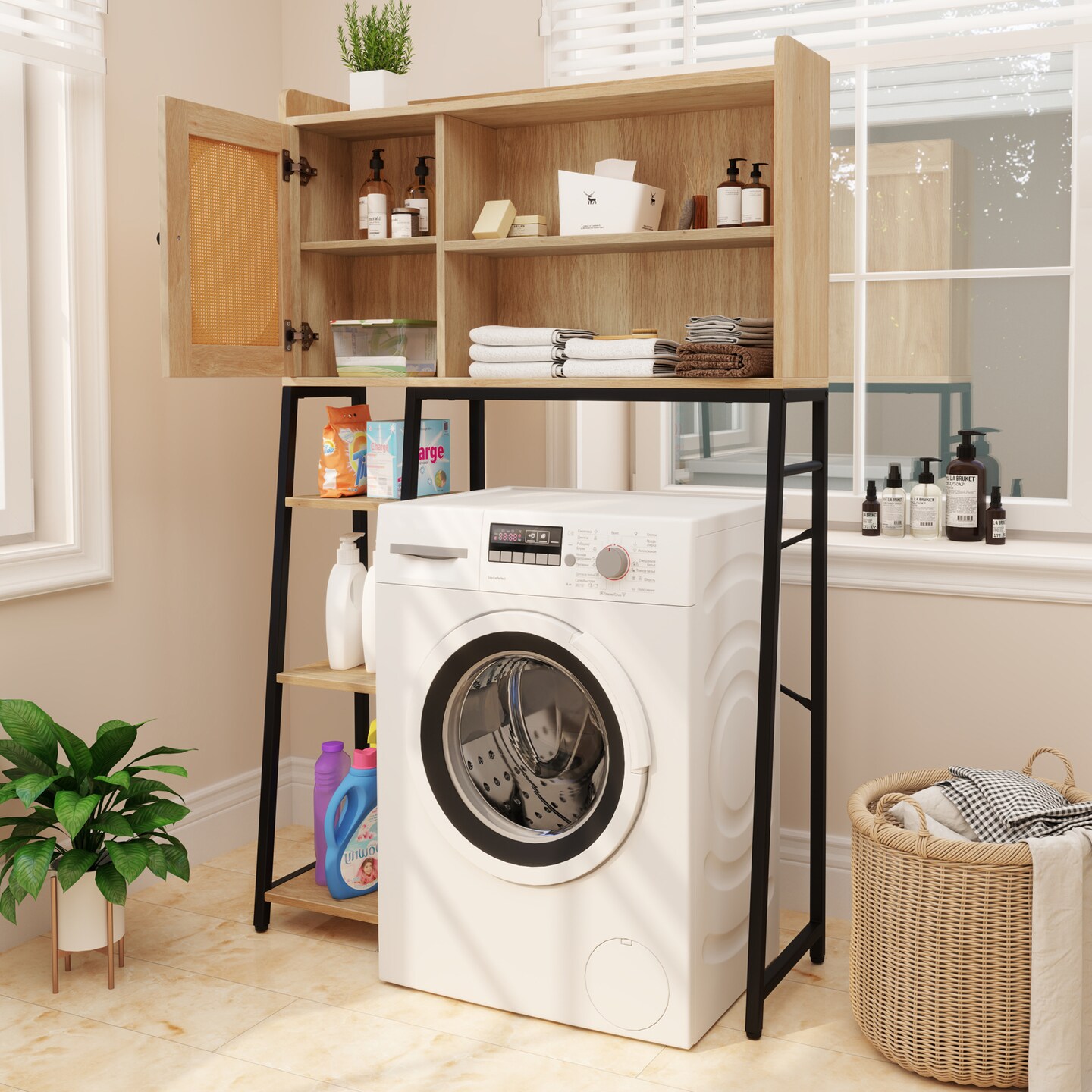 Natural PE Rattan and Engineered Wood Toilet Rack with Adjustable Shelves