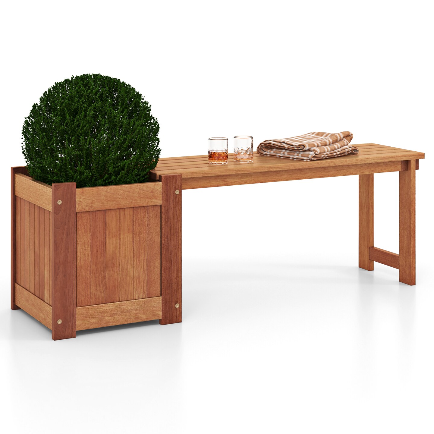 Natural Solid Wood Garden Bench with Planter Box