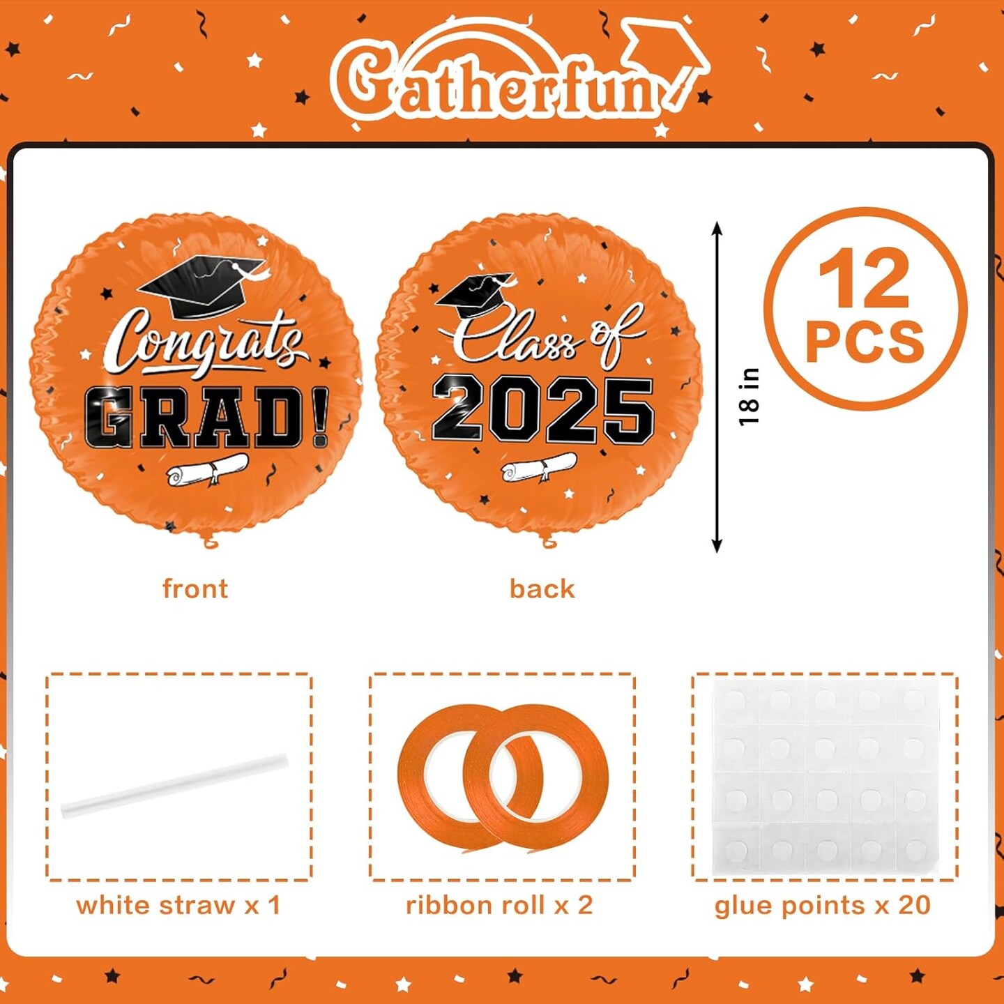 Class of 2025 Graduation Party Supplies & Decorations - 12pcs 18" Congrats Grad Orange Balloons Set for Memorable Grad Celebrations