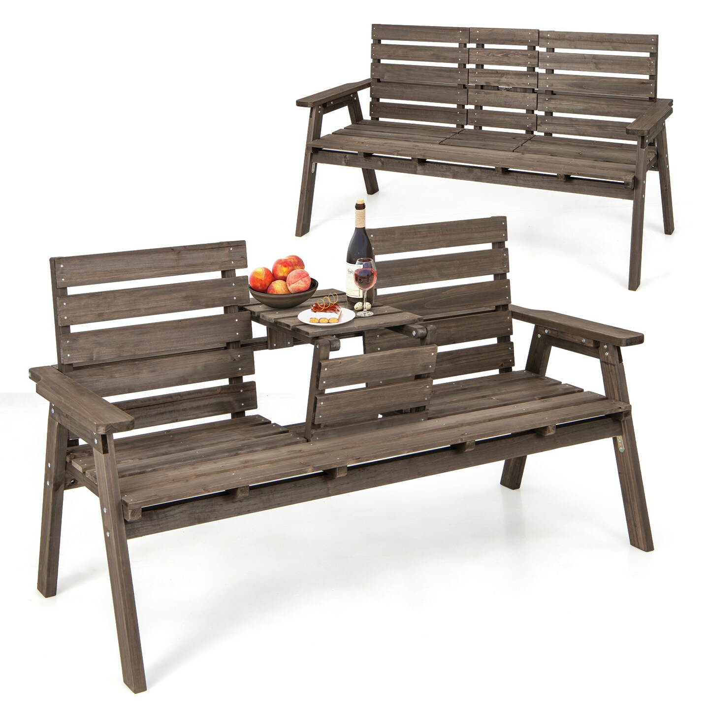 Coffee Wooden Outdoor Bench with Foldable Middle Table Ideal for 2-3 People