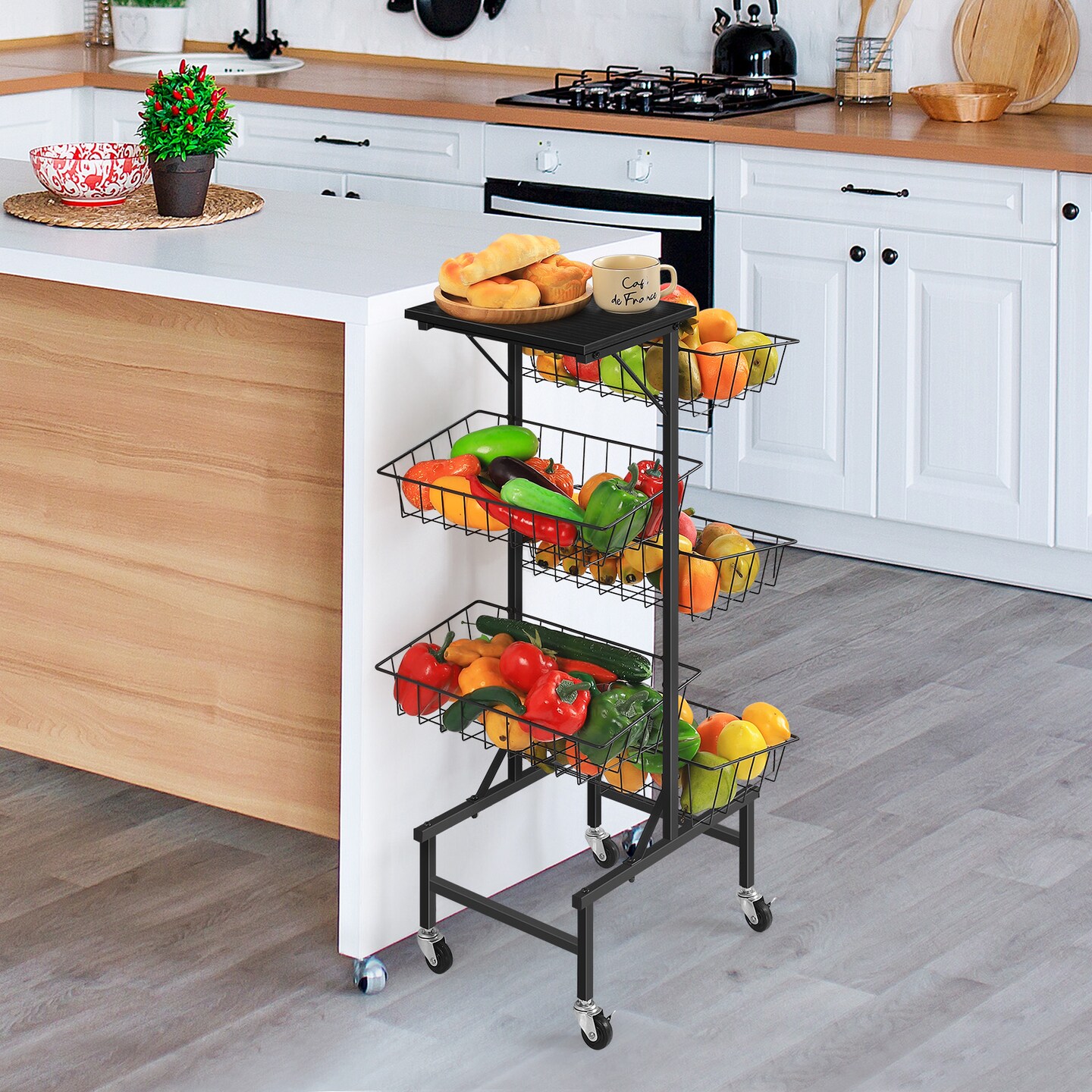 6-Tier Rolling Kitchen Cart with Wooden Top – Large Metal Fruit & Vegetable Basket Organizer, Rustproof Storage Cart with Wheels for Home, Office, Laundry Room