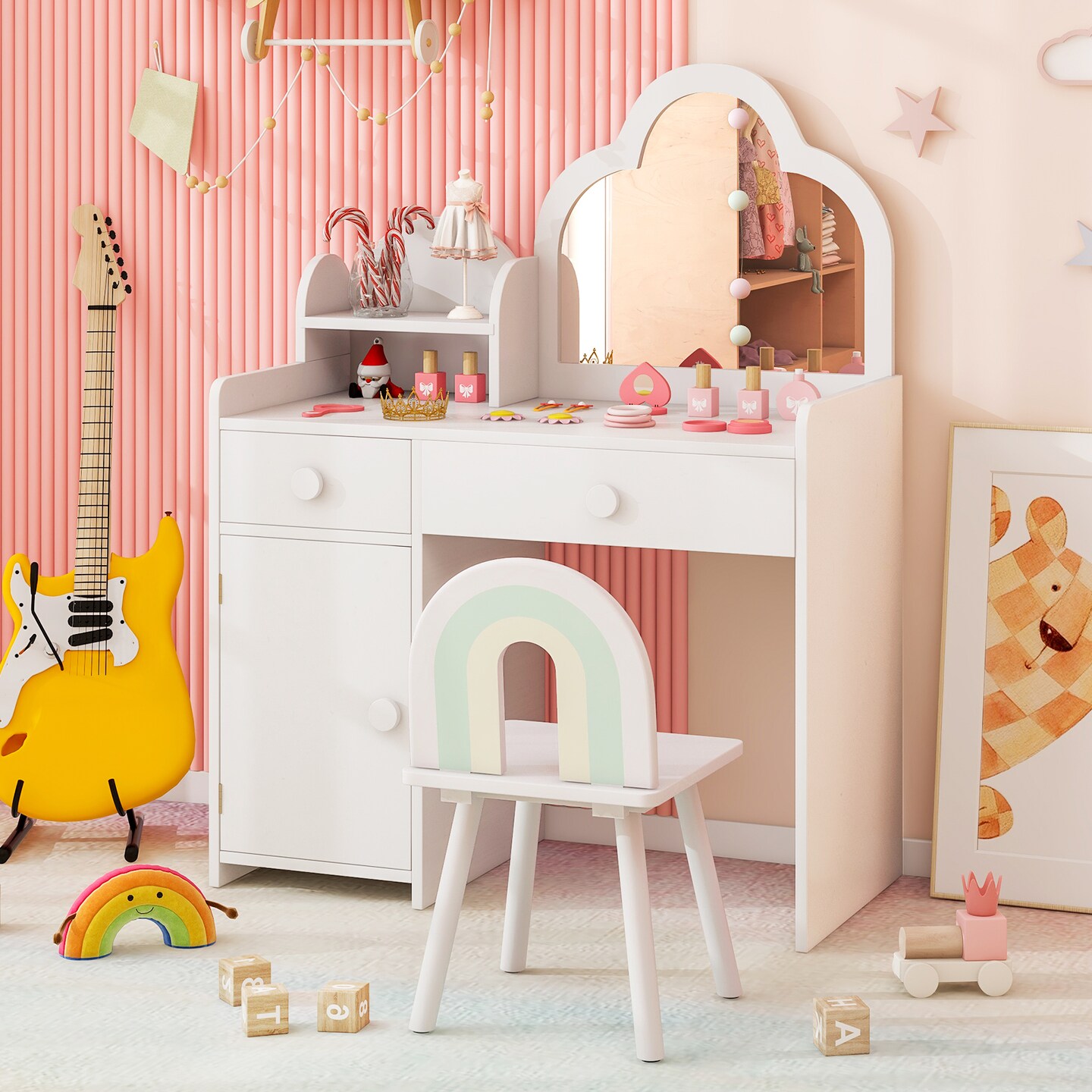 Kids Vanity Set, Cloud Shape Mirror, Storage and Pine Wood Stool