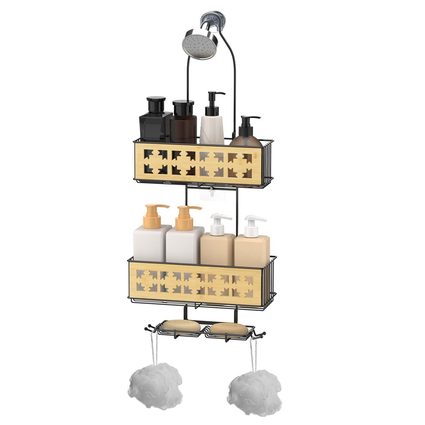 3-Tier Hanging Shower Caddy Over Shower Head – Rustproof Bathroom Organizer with Soap Holder, Bamboo Board & Hooks, No-Drill Installation (28.7"H, 40 lb Capacity)