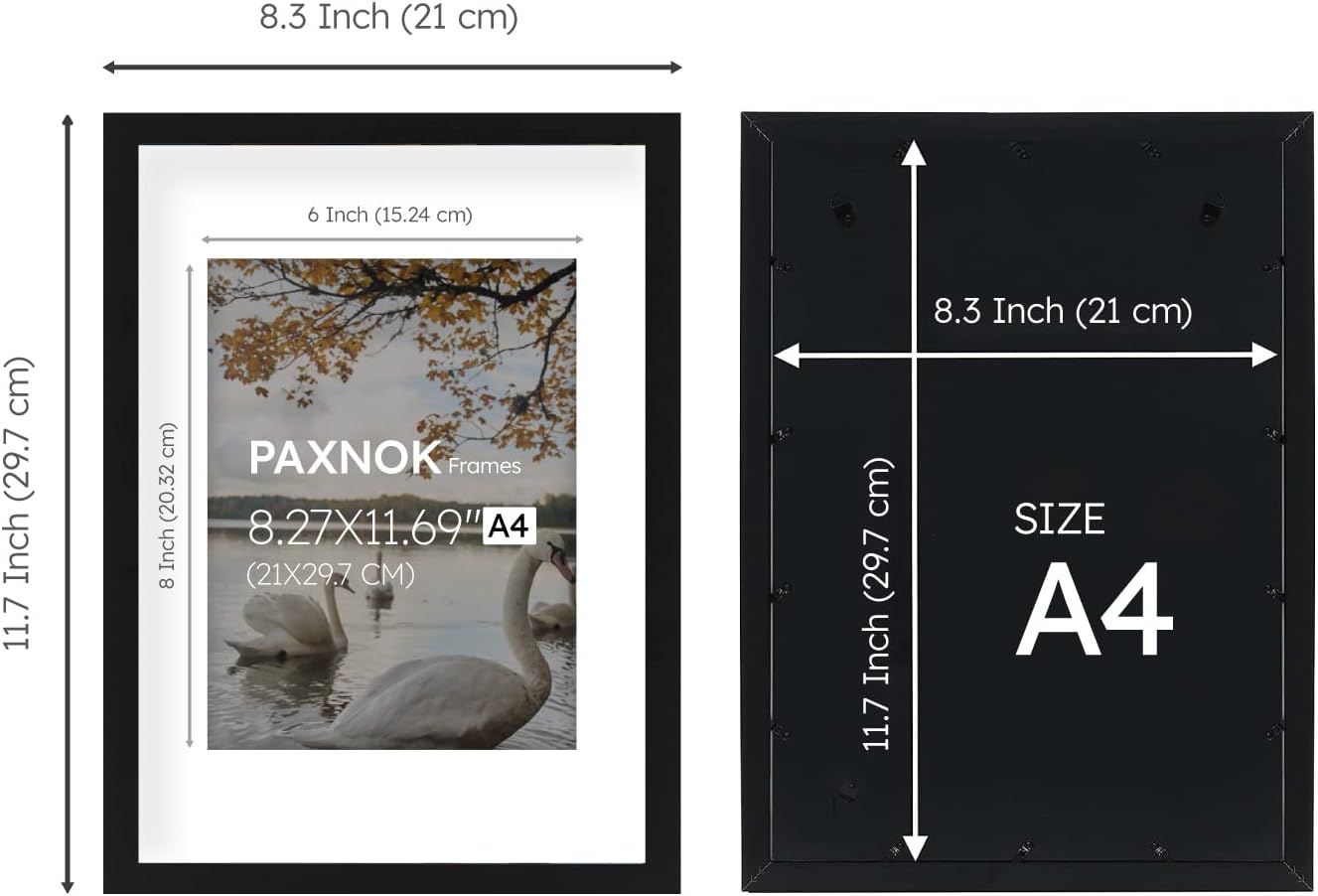 A4 Frame Black - Display 6x8 Picture Frame With Mat or 8.27x11.69 Inch Without Mat Poster Frame, Certificate Document Frame, for Wall Art