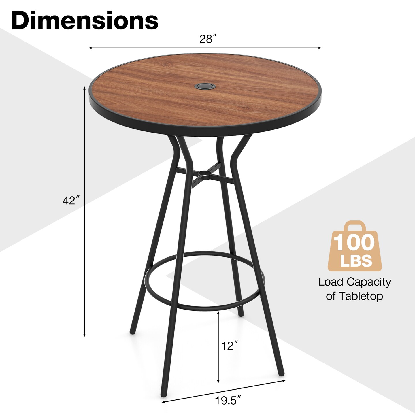 Outdoor Bar Table with Umbrella Hole, Footrest and Metal Base