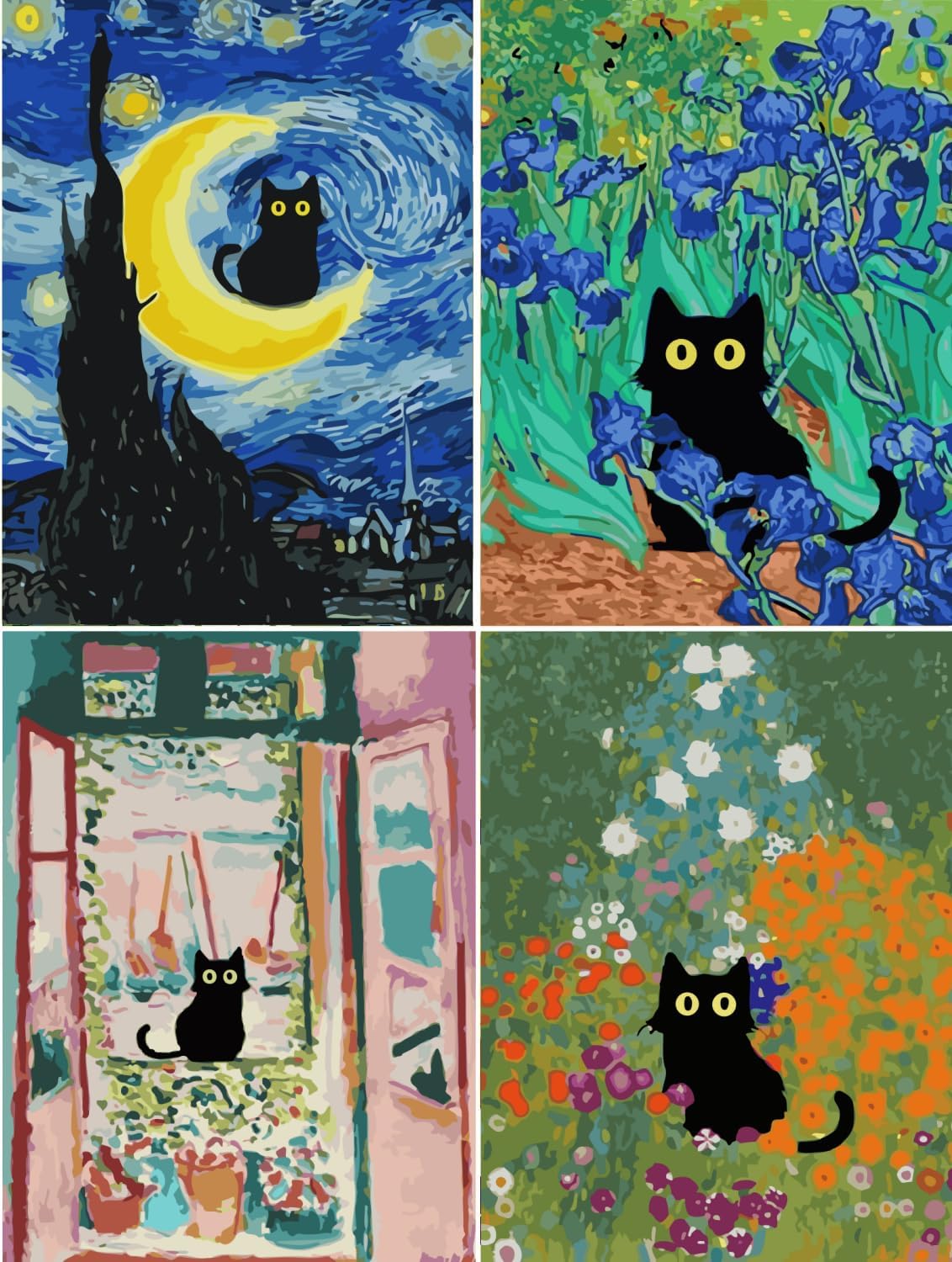 Adults Beginners Paint by Number Kits ? Press Digital Easy Acrylic Black cat 4 Pieces Paint, DIY Watercolor Paint Press Digital kit on Canvas Home Wall Decoration Without Frame 12&#xD7;16inch