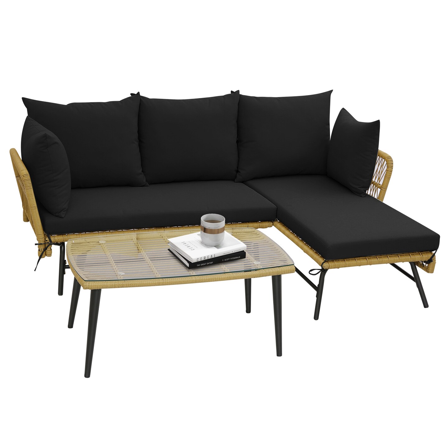 3 Pieces L-Shaped Patio Sofa with Tempered Glass Coffee Table with Metal Frame