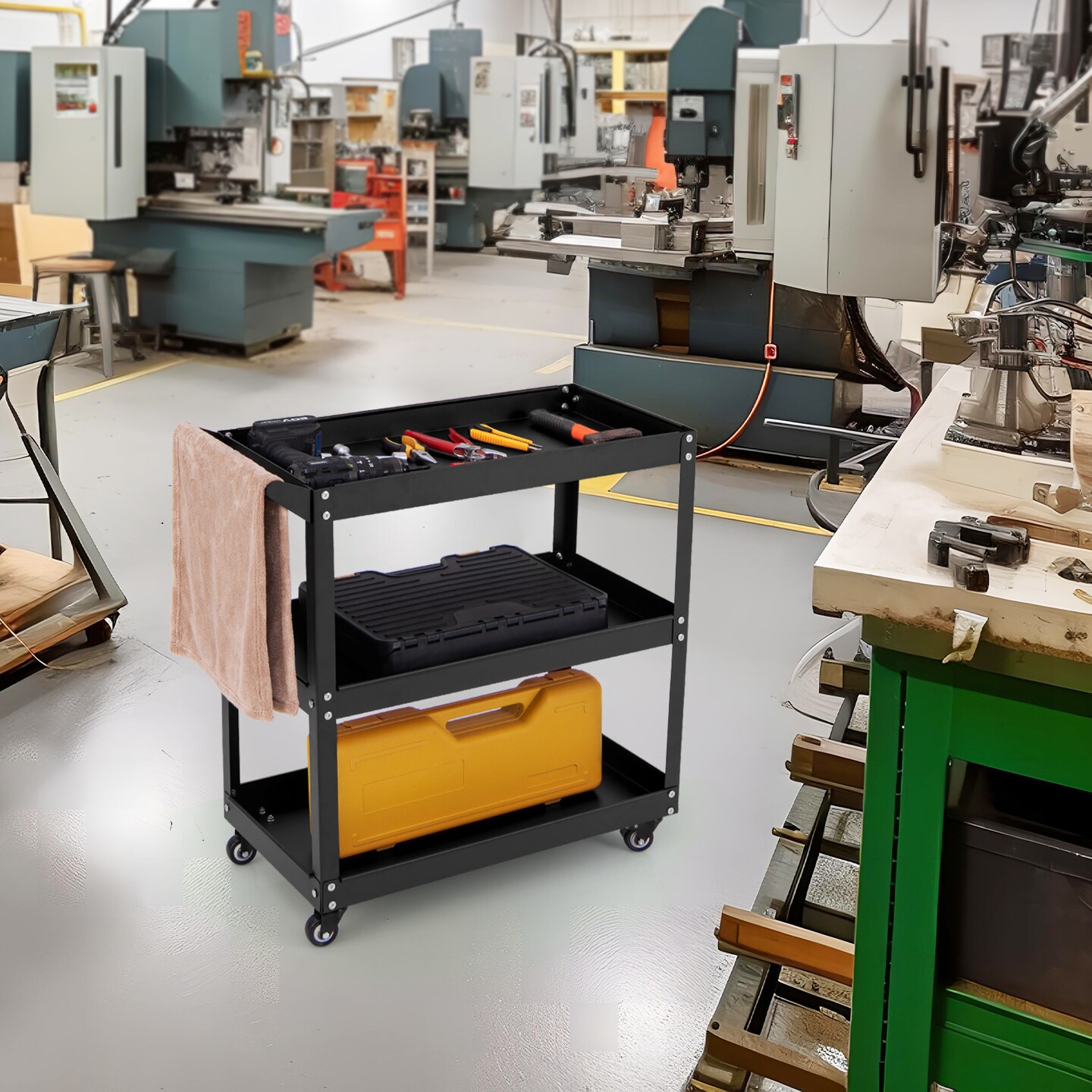 3-Tier Rolling Utility Tool Cart with 3 Large Shelves and 4 Universal Wheels Perfect for Kitchen or Garage