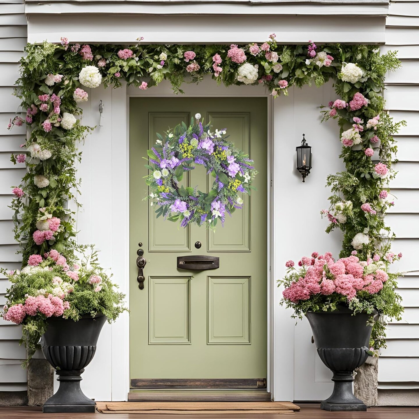 21 Inch Spring Wreath for Front Door,Artificial Summer Wreath with Lavender Hydrangeas and Greenery Leaves,Purple Flower Wreath for Home Wall Window Farmhouse Party Holiday Decor