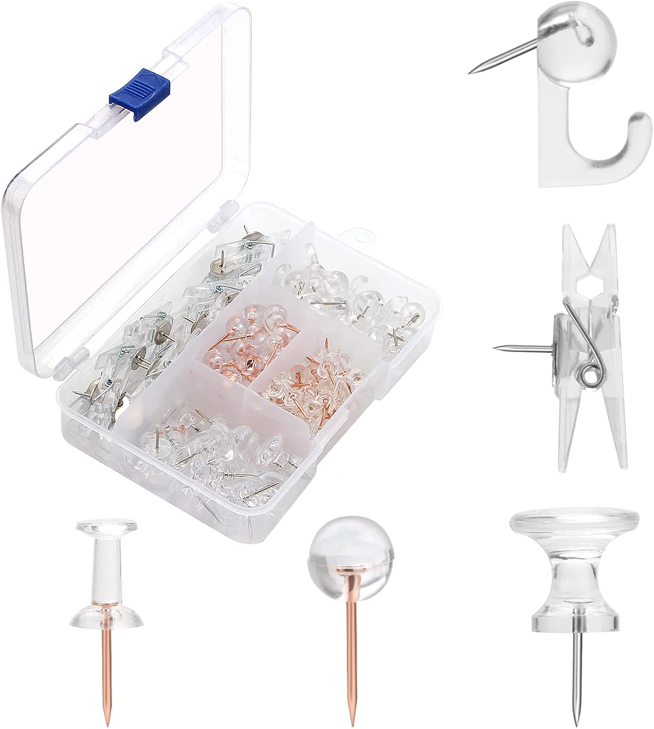 125 clear push pins set 5 styles steel point thumbtacks for cork and bulletin boards
