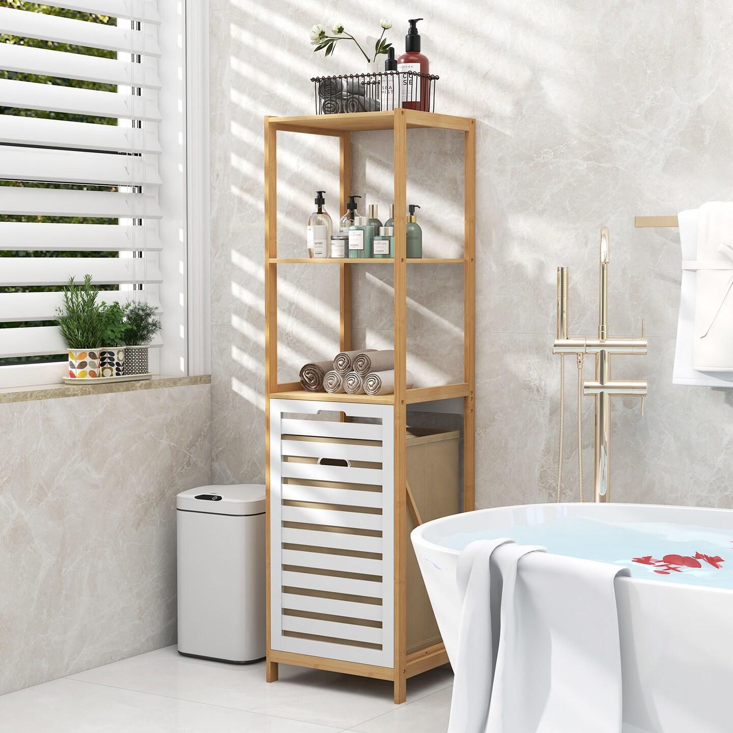 Natural 2-In-1 Storage Organizer with Tilt-Out Laundry Hamper and 3 Open Shelves