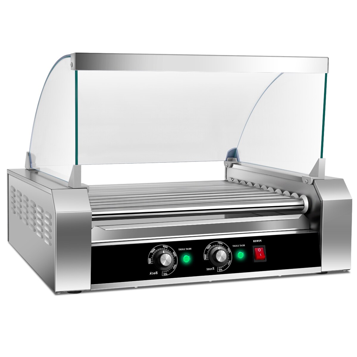 Silver Stainless Steel 11-Roller Hot Dog Grill with Glass Cover