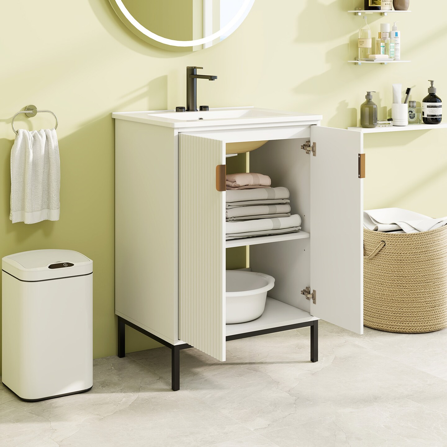 White Bathroom Vanity with Ceramic Sink and Adjustable Shelf