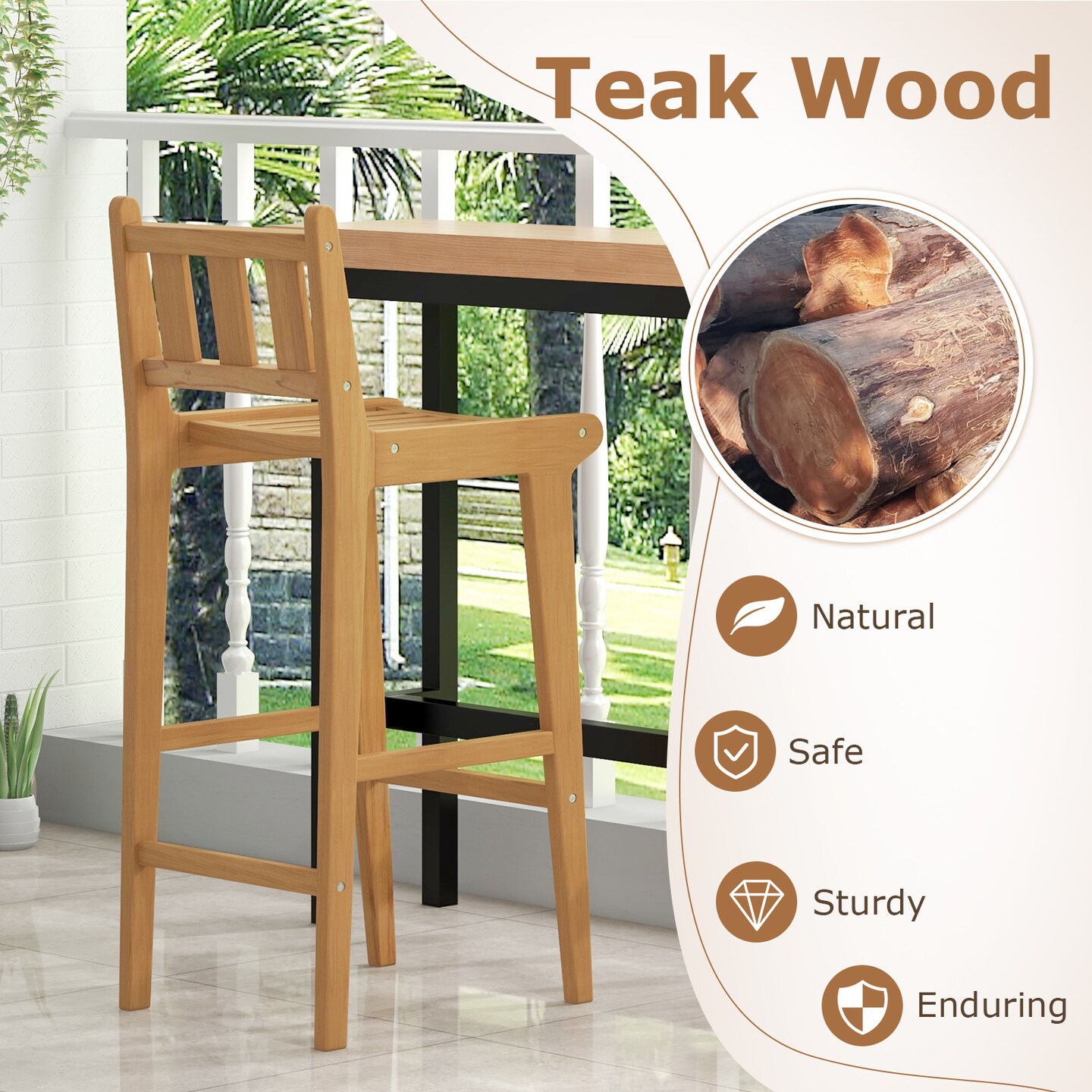 30 Inch Teak Wood Slatted Design Bar Chair with Footrest and Backrest Ideal for Outdoor Use