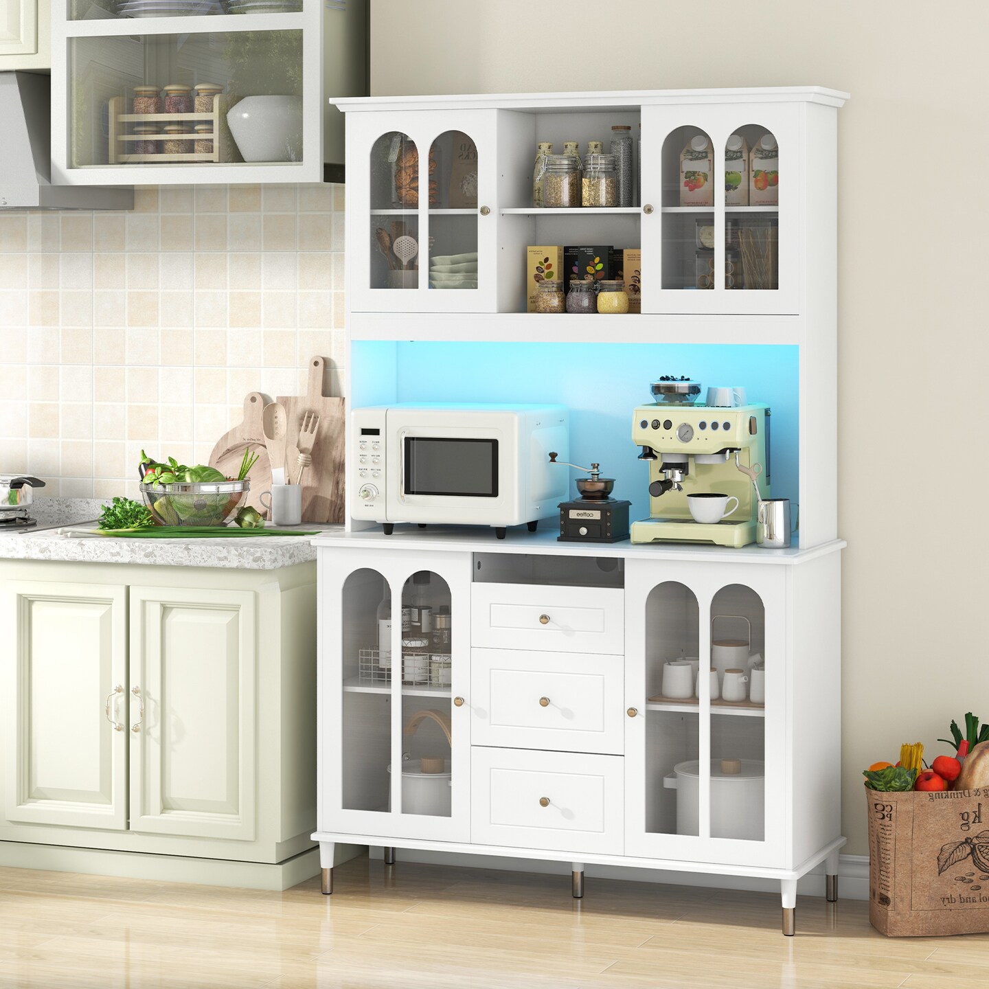 White MDF Engineered Wood Kitchen Pantry Cabinet with LED Lights and Power Outlets
