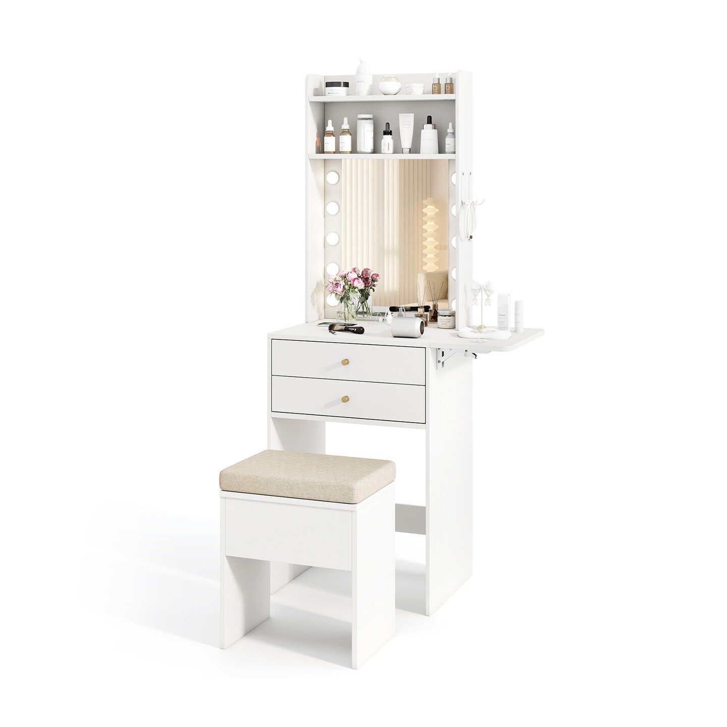 White Vanity Set with LED Mirror, Charging Station &#x26; Storage