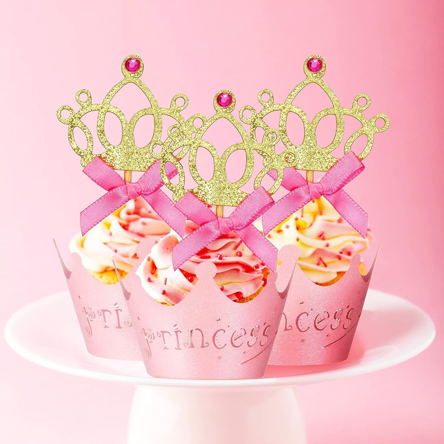 72 Pieces Glittery Princess Cupcake Toppers Crown Wrapper Holder Pink Gold Crown Tiara Pick Glitter Heart Cupcake Topper Baby Shower Decoration for Birthday Wedding Party Decor