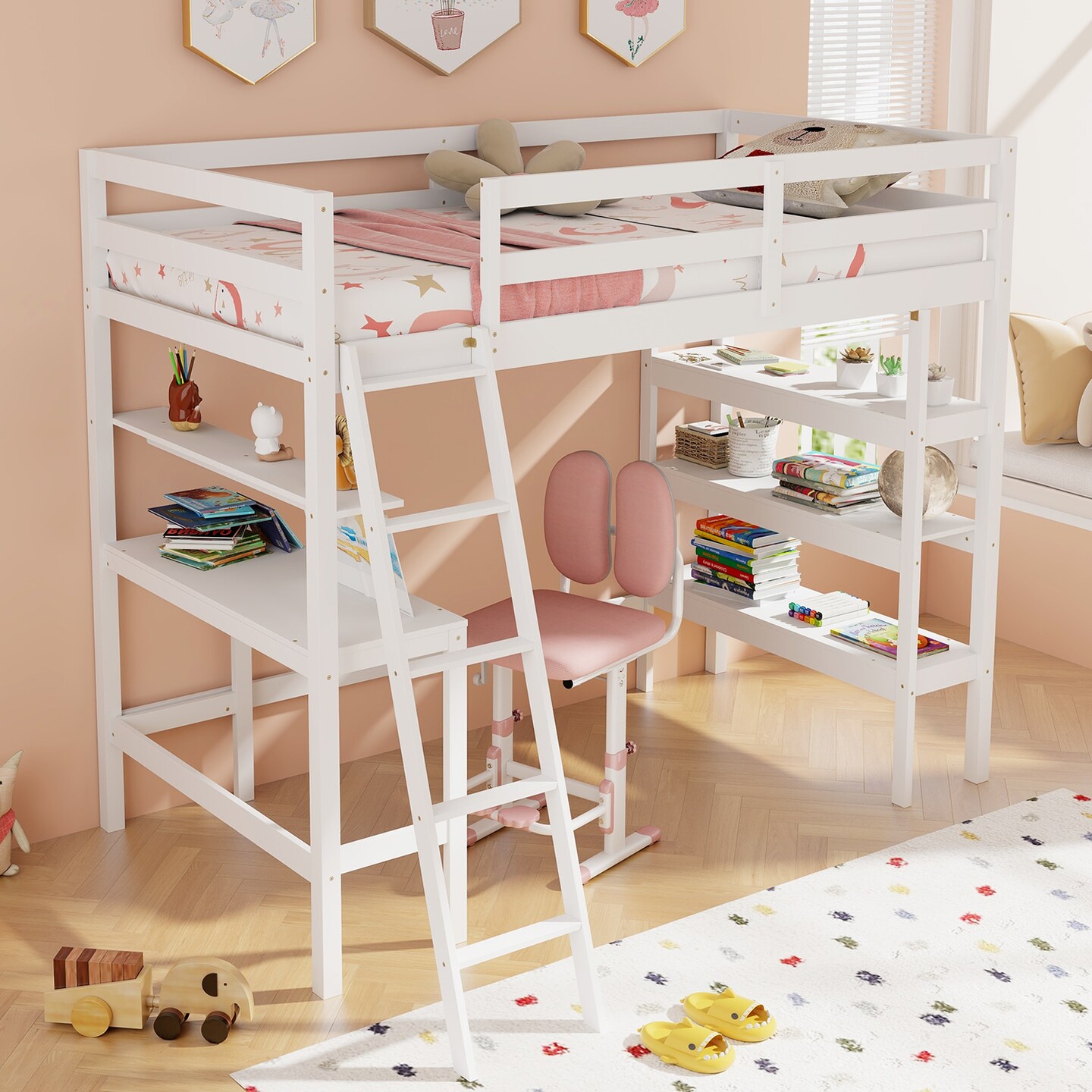 Twin Loft Bed with Desk and Bookshelves for Kids and Teens