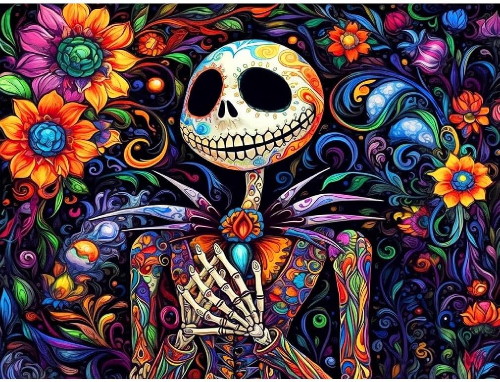 Diamond Painting Kits for Adults - Skeleton DIY 5D Diamond Art Kits Full Drill Halloween Diamond Dots Paintings with Flowers Diamonds Gem Art and Crafts Home Decor 12x16inch