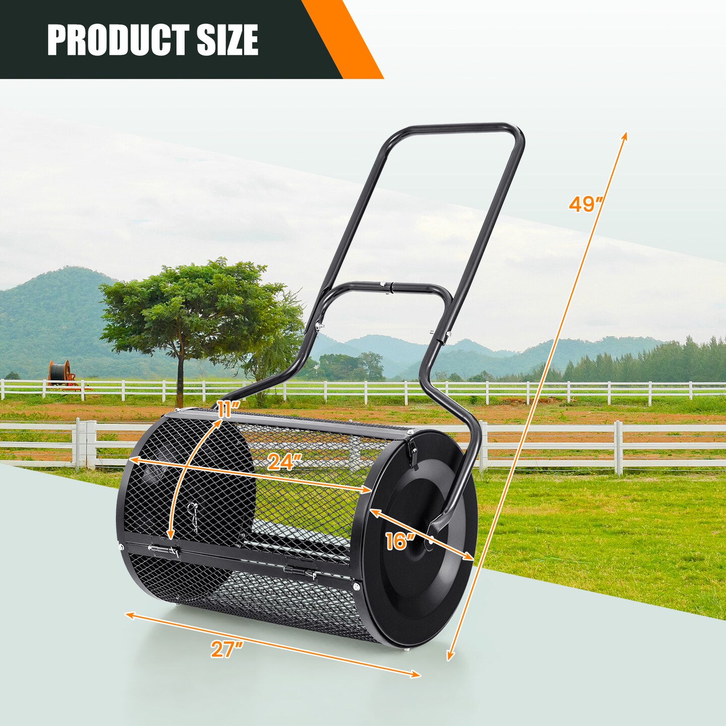 24 Inch Black Peat Moss Spreader with U-shape Handle and Metal Frame