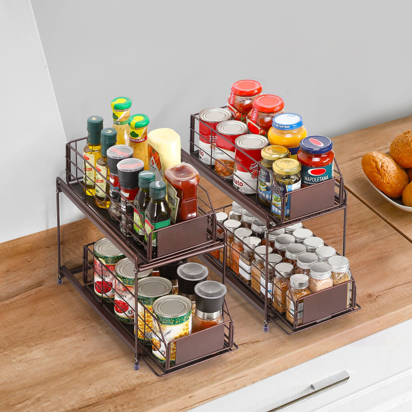 Set of 2 Heavy-Duty Under Sink Organizers with Sliding Drawers &#x2013; Rust-Resistant Metal Frame, 50LB Capacity, Adjustable Storage Baskets for Kitchen/Bathroom (14.17&#x22;L x 7.48&#x22;W)