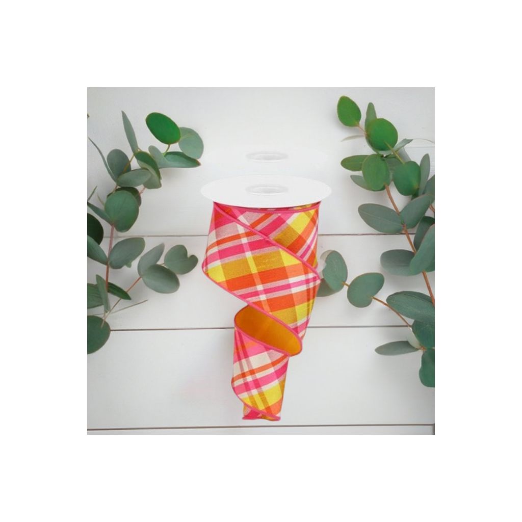 2.5&#x22; Diagonal Plaid Fused Ribbon: Hot Pink/Yellow (10 Yards)