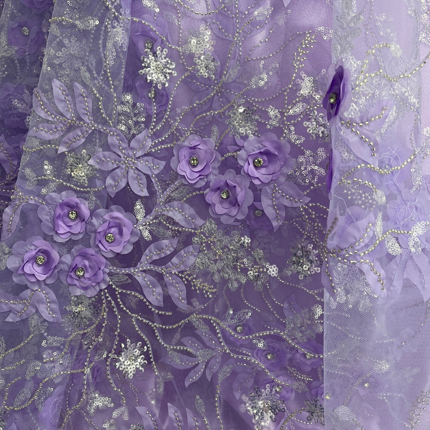 1 Yard Exquisite Off White Beaded 3D Floral Lace Fabric on Net Mesh 52 inch Width