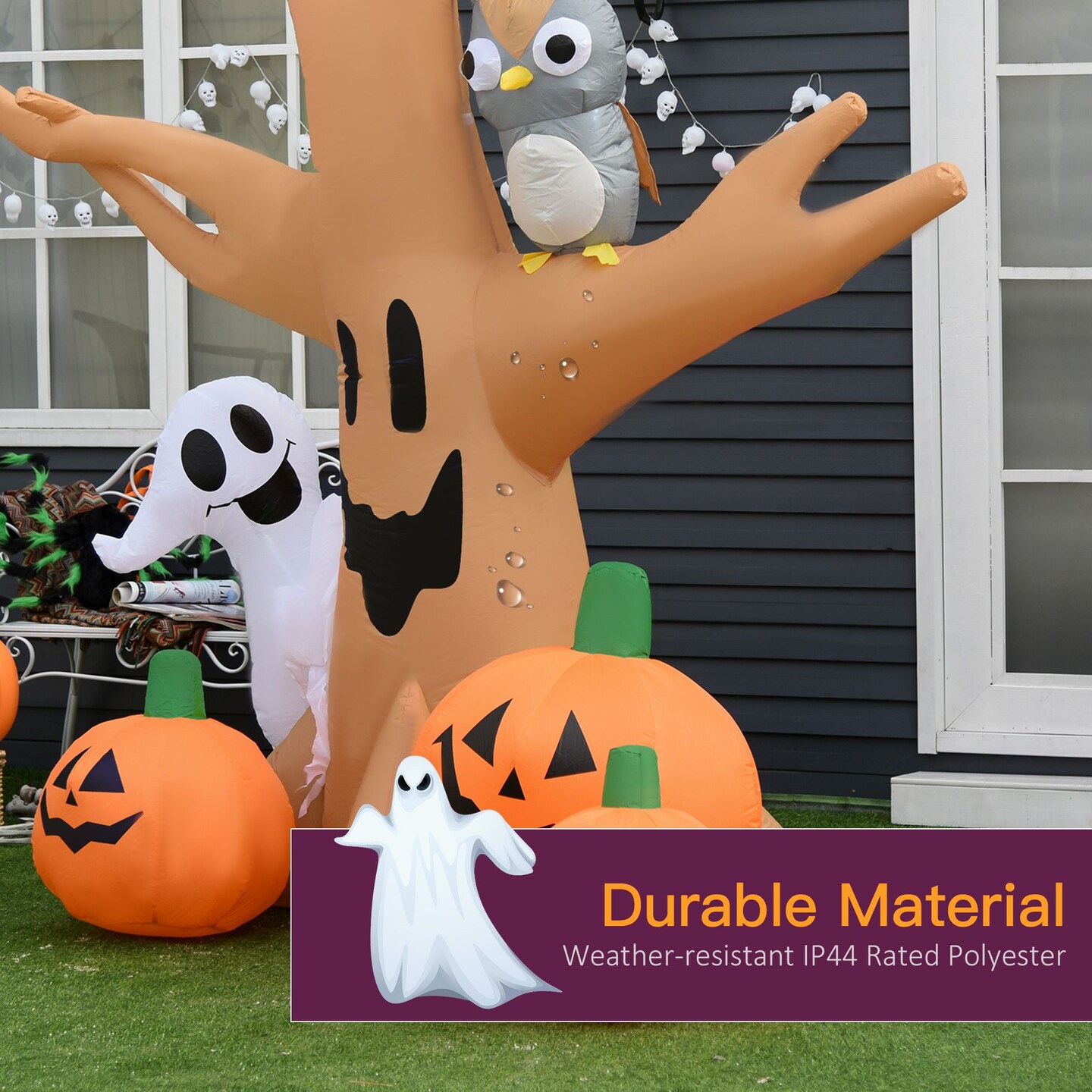 7.5' Tall Outdoor Lighted Inflatable Halloween Decoration, Waterproof Haunted Tree with Owl, Ghost & Pumpkins for Garden, Lawn & Party Décor