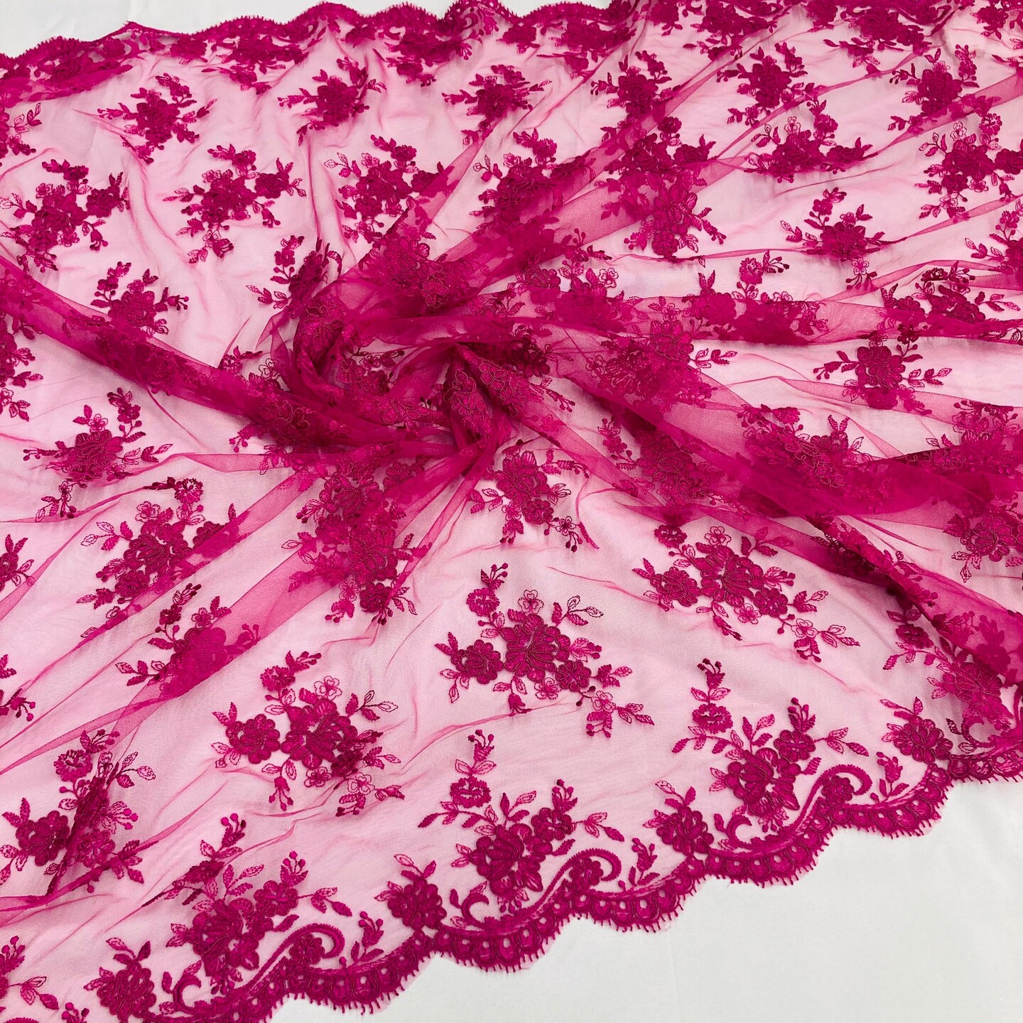 1 Yard Fuchsia Corded Bridal Lace Fabric Embroidered on Polyester Net Mesh 56 Inch Width