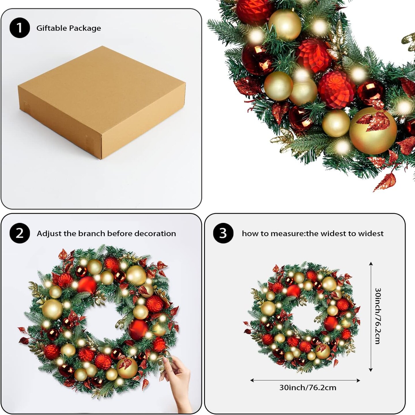 9 Feet Pre-Lit Christmas Garland with Lights & Balls - 50 LED (Red Gold)