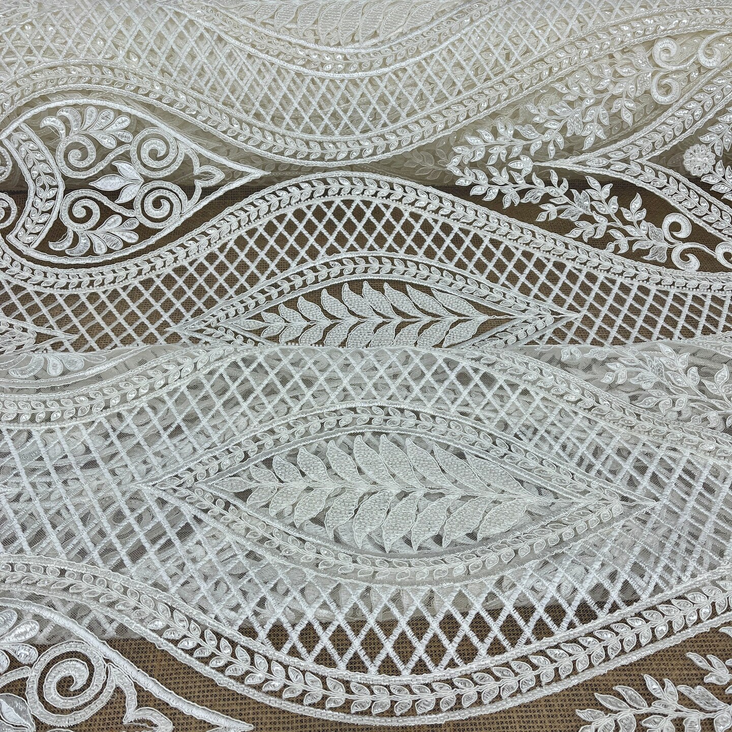 1 Yard Luxurious Beaded & Corded Bridal Lace Fabric Embroidered on Polyester Net Mesh 52” Wide