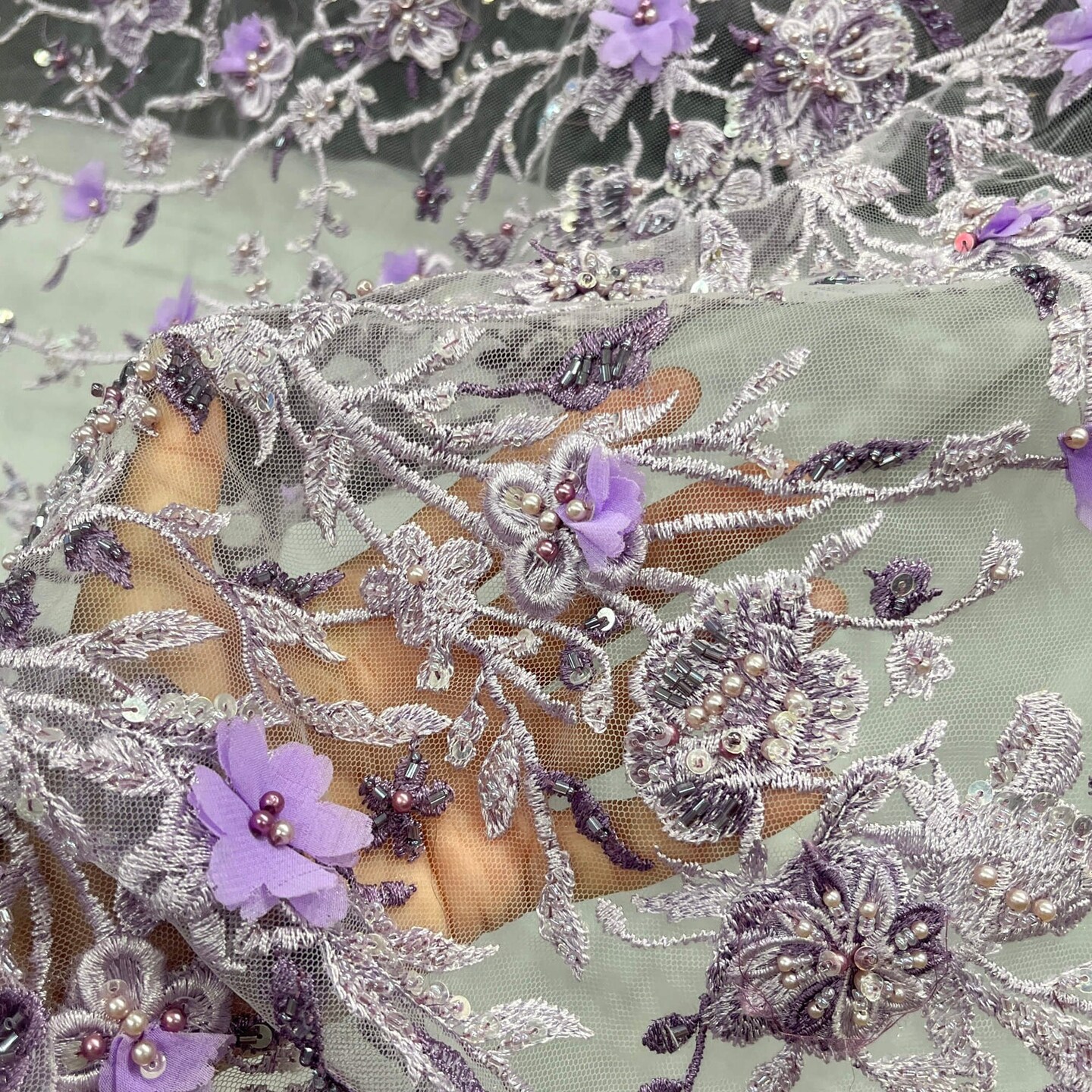 Beaded 3D Floral Lace Fabric with Rhinestones 51" Wide Embroidered Bridal & Evening Dress Lace