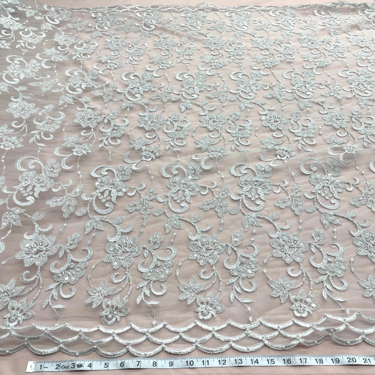 1 Yard Lime Green Beaded & Corded Bridal Lace Fabric Embroidered on Polyester Net Mesh 54 Inch Width