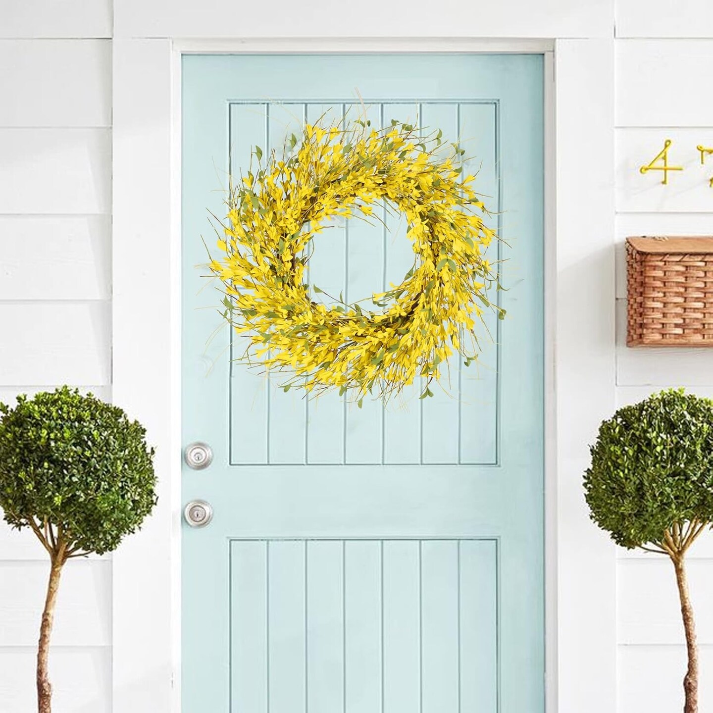 24&#x22; Spring Wreaths for Front Door Artificial Forsythia Flower Wreath on Grapevine Yellow Wreath with Green Leaves Silk Floral Wreath for Home Indoor Wall Window Garden Porch Farmhosue Decor