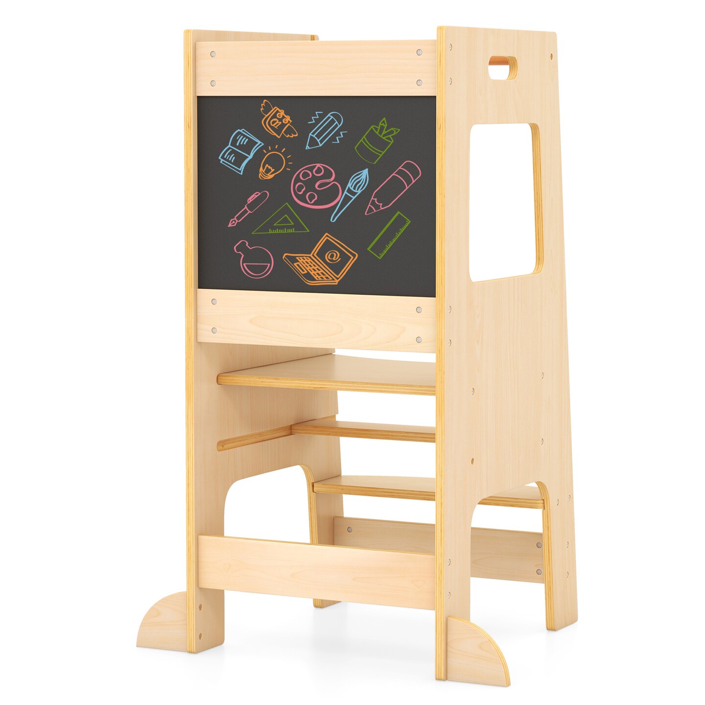Kids Standing Step Stool Tower with Chalkboards and 2-level Height Adjustable Platform